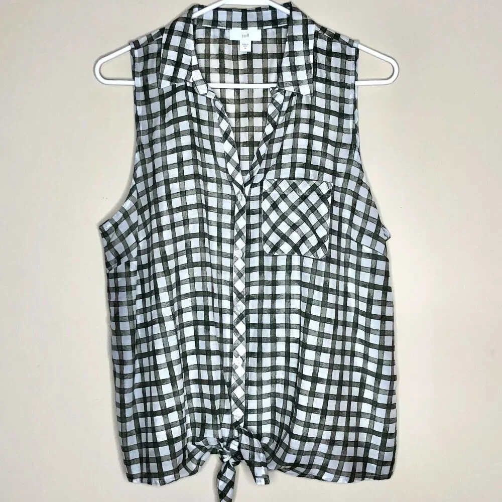 J.Jill Checkered Sleeveless Tie-Hem Blouse, Size M